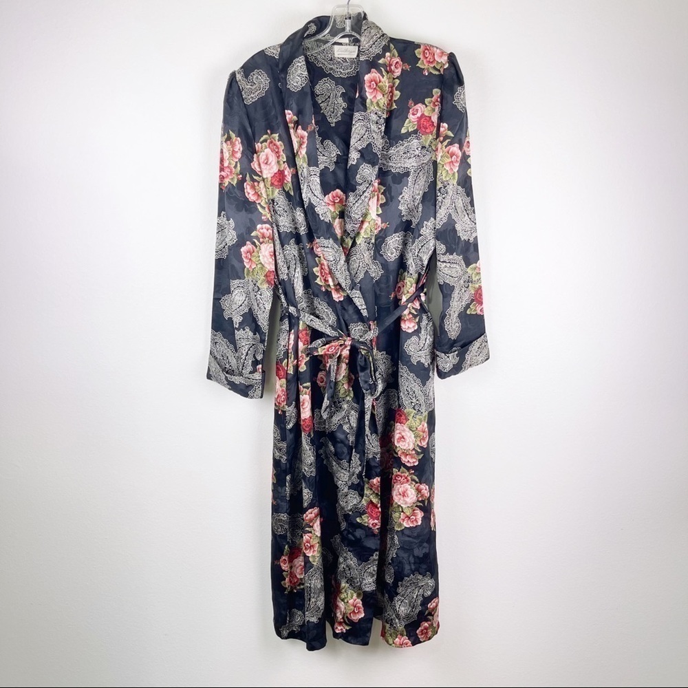 Vintage Kathryn 2 Piece Kimono Robe Nightgown Dark Floral Black Women’s medium